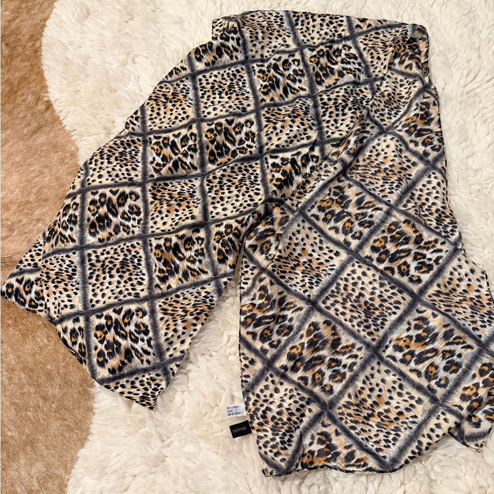 Korean Silk Leopard Print Women's Scarf - Tan Black Cream - Picture 3 of 4